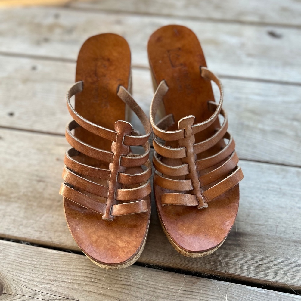 KJacques St Tropez Wedge Leather Platform Cork Sandals Brown Leather size 41